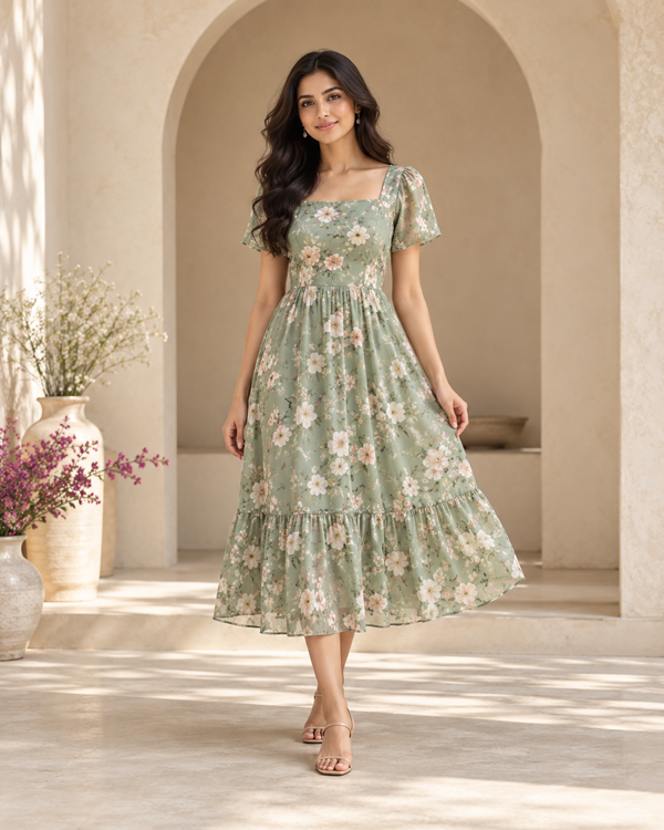 Woman wearing a sage green floral square-neck midi dress with short puff sleeves and a ruffled hem