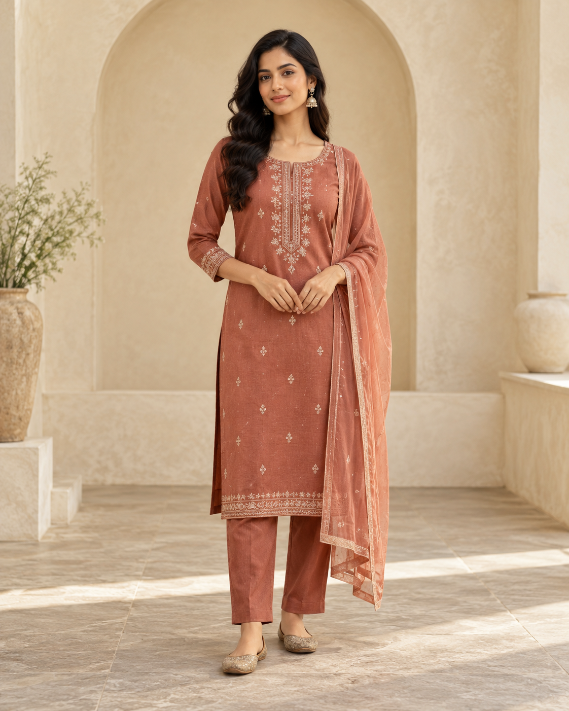 Model wearing a terracotta embroidered straight-fit kurta with matching trousers and sheer dupatta